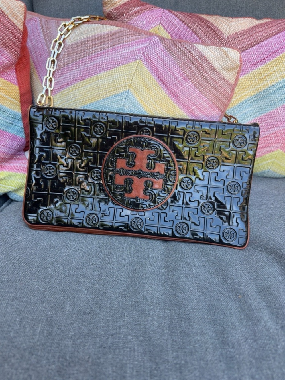 Tory Burch Reva patent-leather convertible clutch/shoulder bag